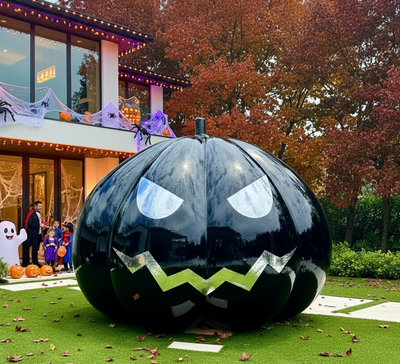 Large black pumpkin with face design in front of a house decorated for Halloween.