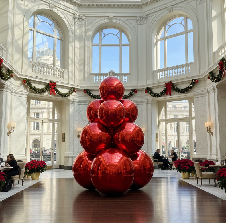 Red sculpture in a grand hall with high ceilings and large windows