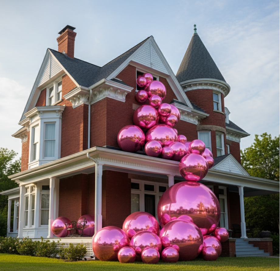 Pink metal sculptures in front of a large house