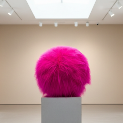 Pink fur sculpture on a pedestal in a gallery setting