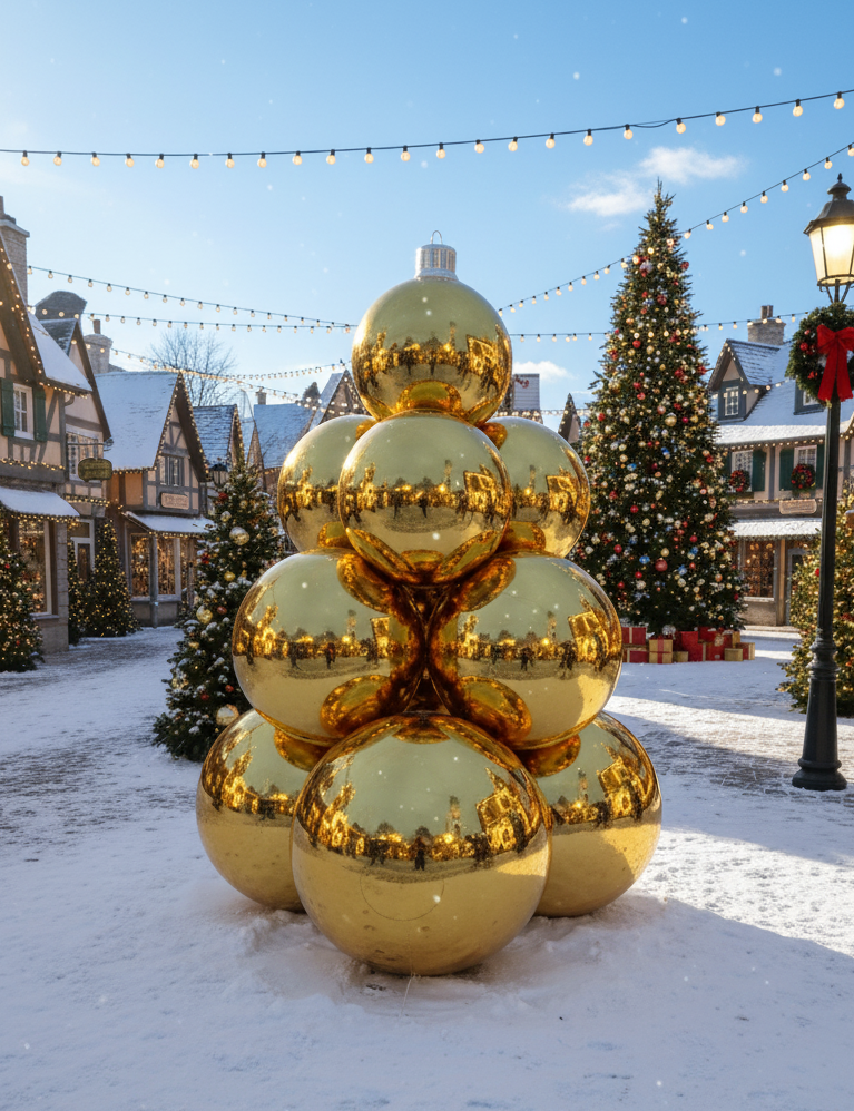 Stack of large gold Christmas balls in a snowy outdoor setting with trees and lights.