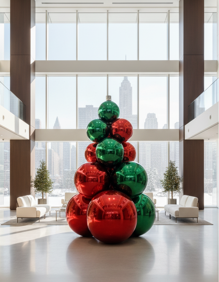 Colorful sculpture of interlocking spheres in a modern building lobby