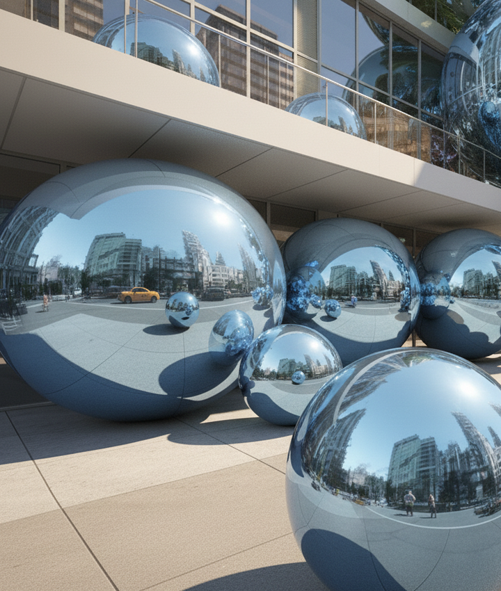 Reflective silver spheres in front of a modern building