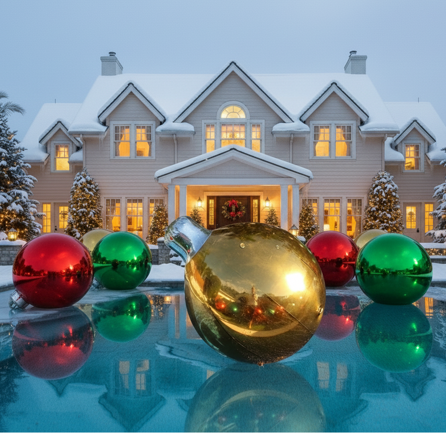 Decorative Christmas ornaments in front of a snow-covered house