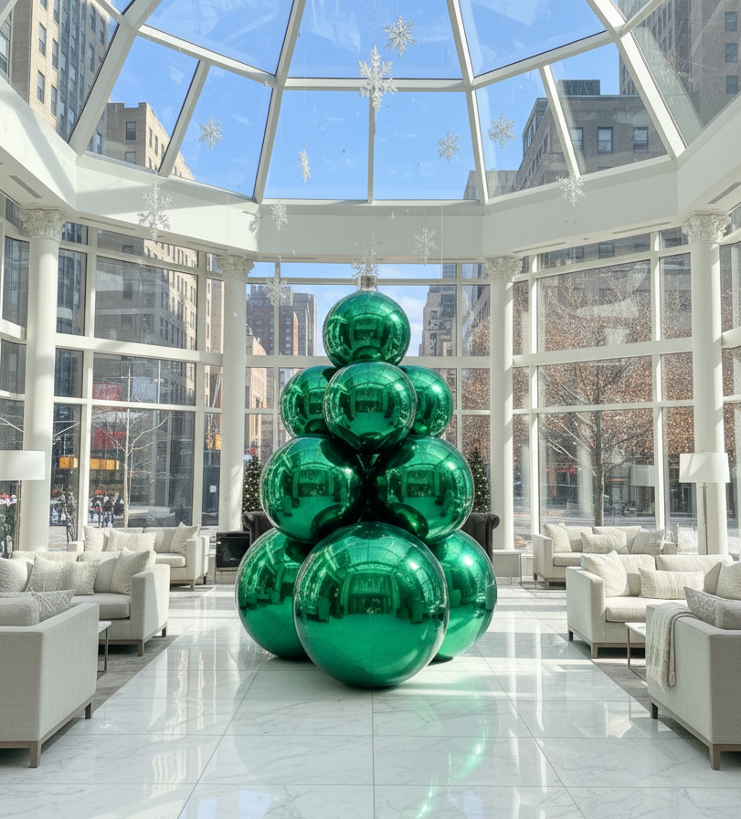 Green glass sculpture in a modern indoor setting with large windows and cityscape view