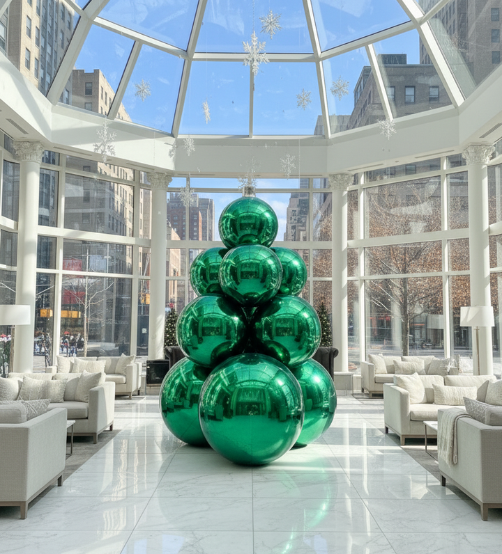 Green glass sculpture in a modern indoor setting with large windows and cityscape view