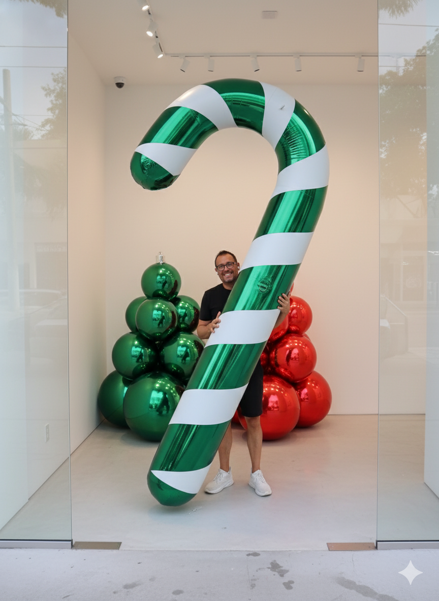 Person standing next to a large inflatable candy cane and Christmas tree balloons in a store window.