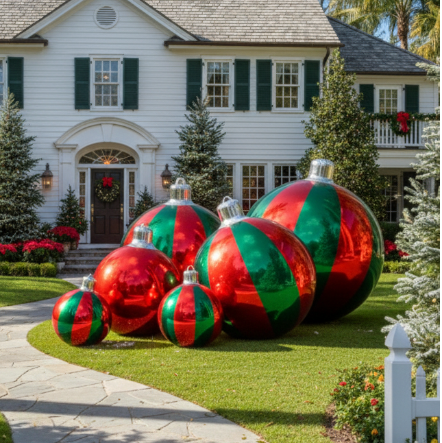 Large Christmas ornaments on a lawn in front of a house