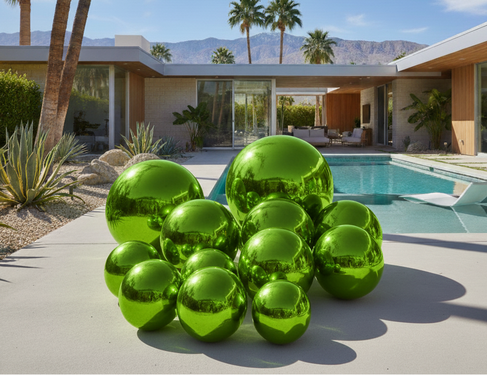 Green reflective spheres in front of a modern house with a pool and palm trees.