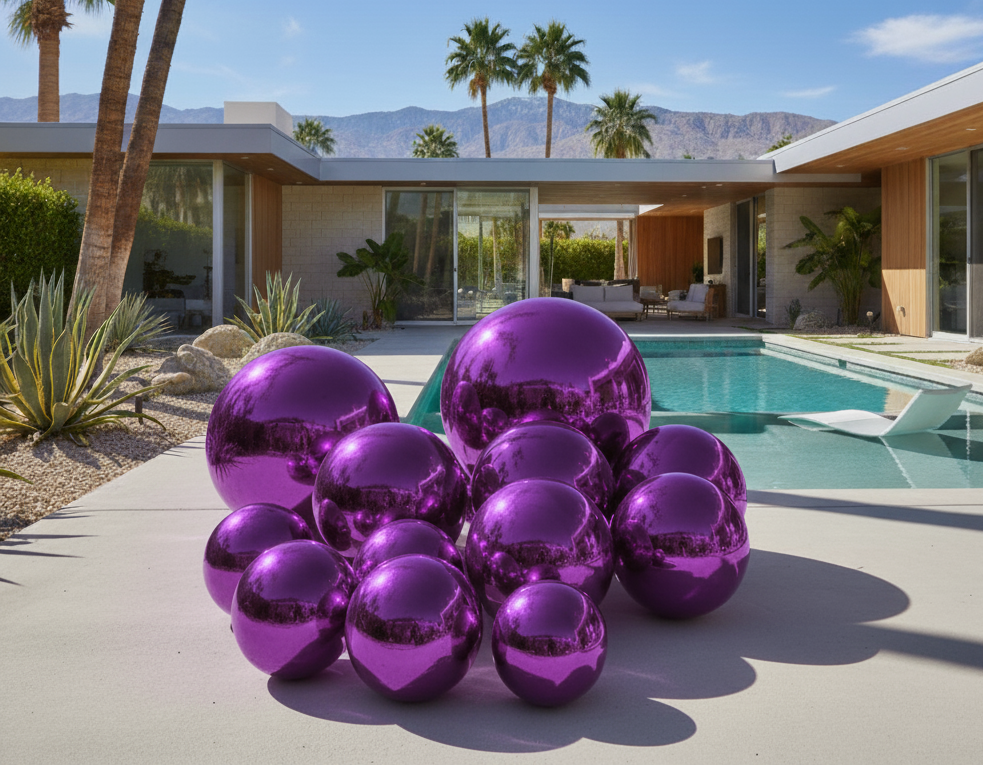 Purple metallic spheres in front of a modern house with a pool and palm trees.