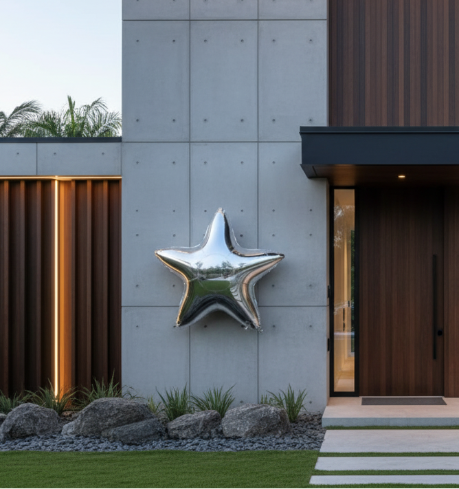 Modern house exterior with a large metallic star sculpture on the wall.