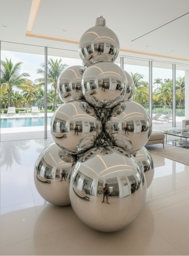 Modern interior with a large metallic sculpture of stacked spheres.