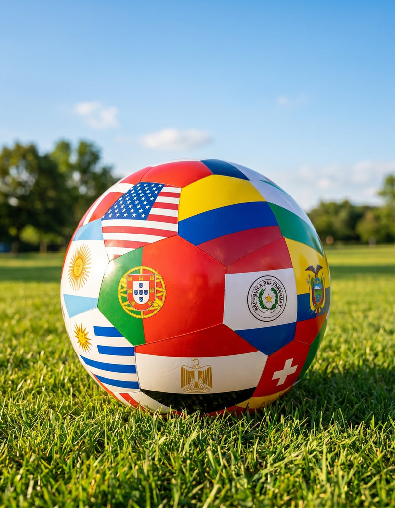 Soccer ball with various country flags on a grass field