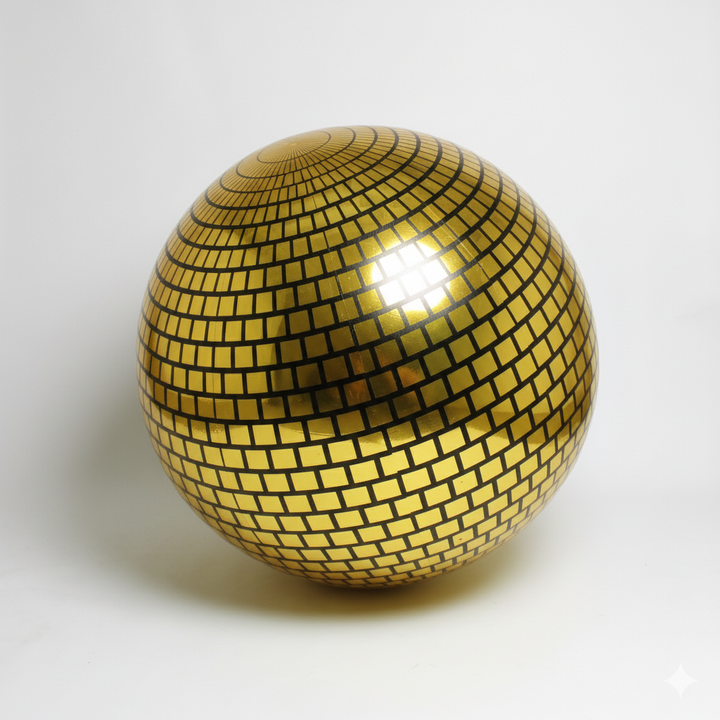 Gold spherical object with a grid pattern on a white background
