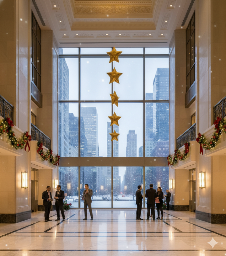 Futuristic cityscape with a building featuring gold star decorations.