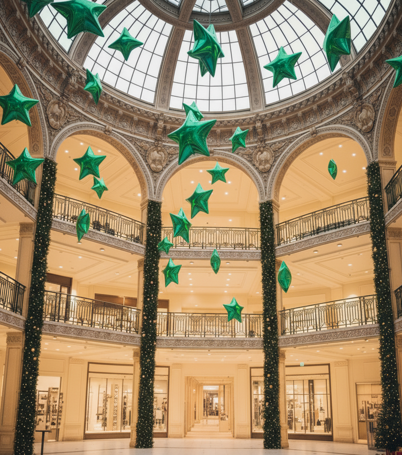 Decorative green stars hanging from a dome ceiling in a large, elegant building.