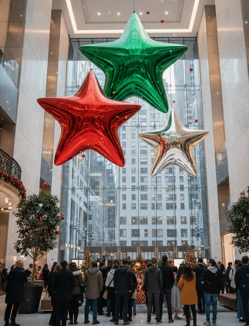 Decorative star-shaped balloons in red, green, and silver hanging in a modern building atrium.