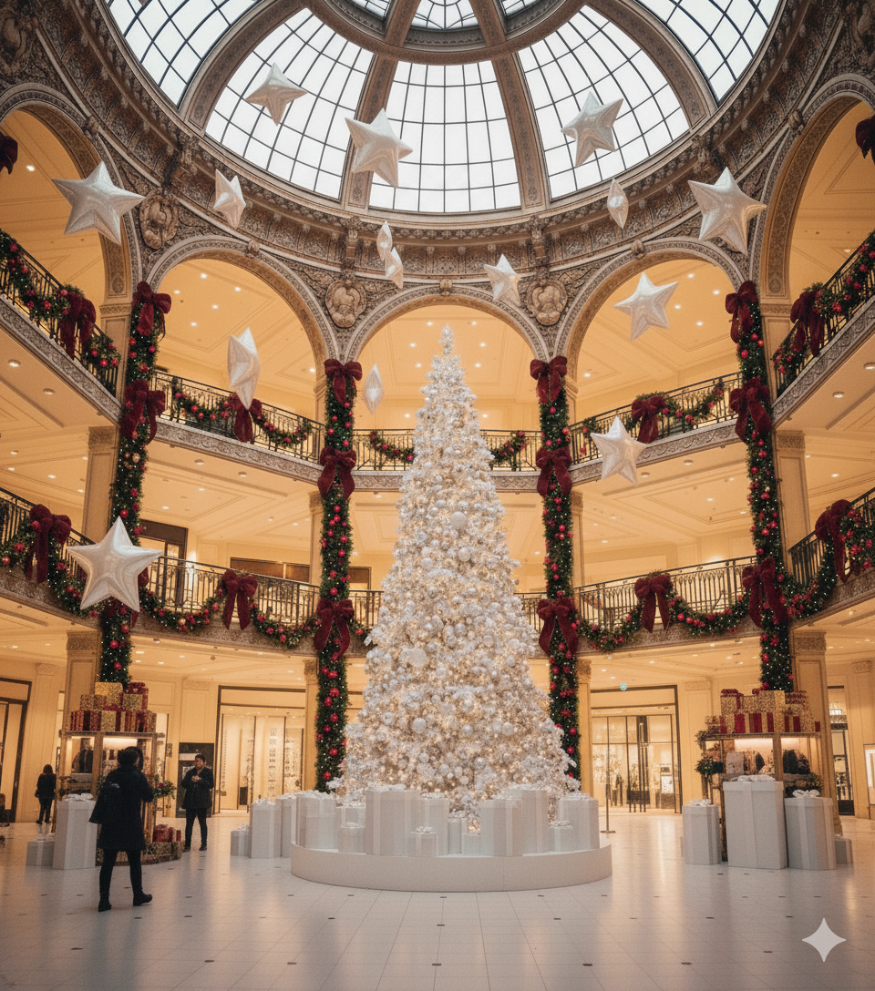 Decorative Christmas tree in a grand building with festive decorations and a large dome ceiling.