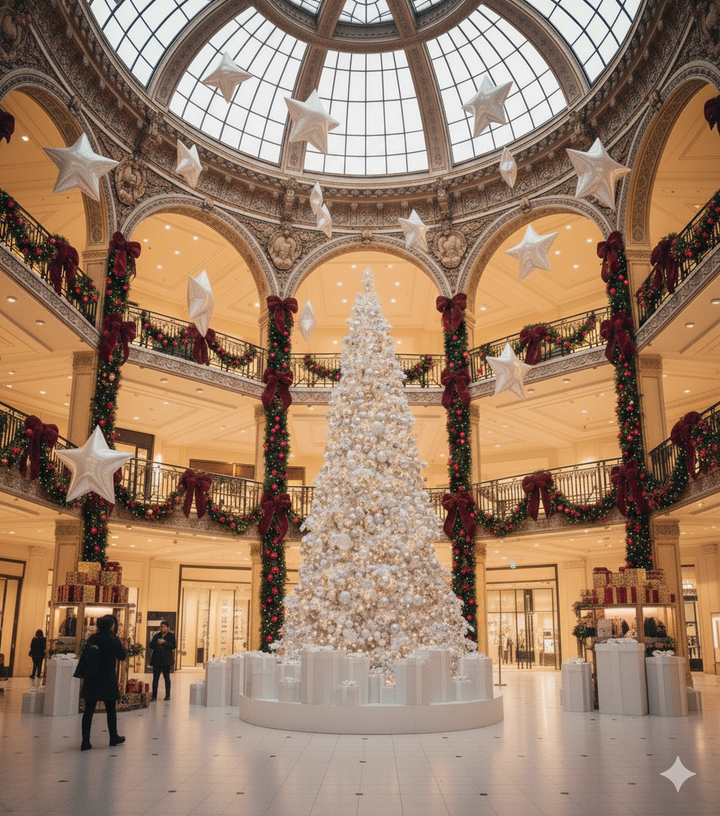Decorative Christmas tree in a grand building with festive decorations and a large dome ceiling.