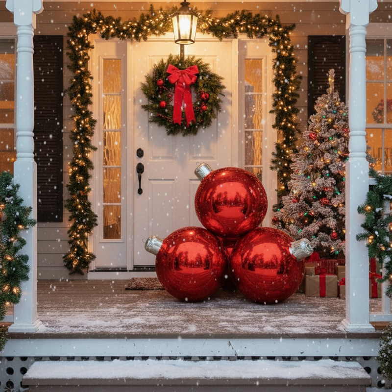 Decorative Christmas scene with large red ornaments, wreath, and tree on a porch.