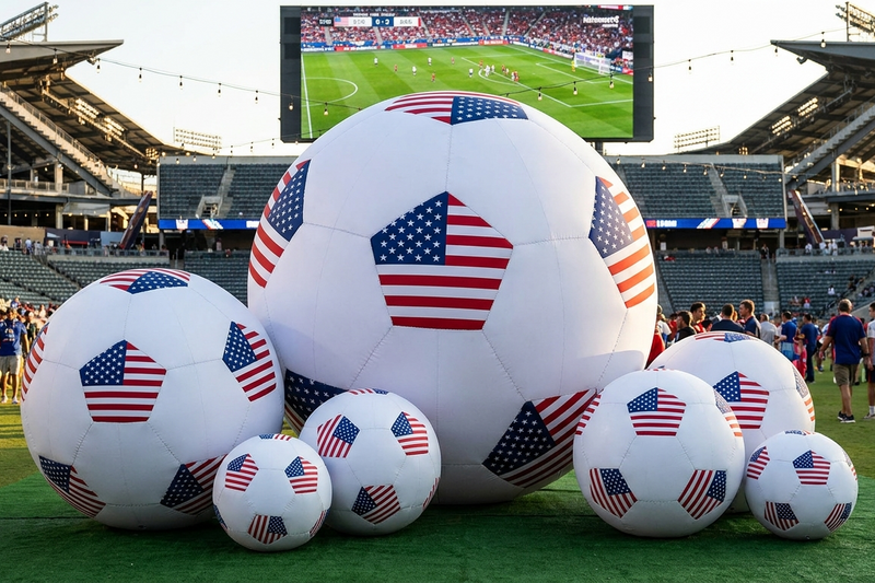 Large inflatable soccer balls with American flags on a sports field