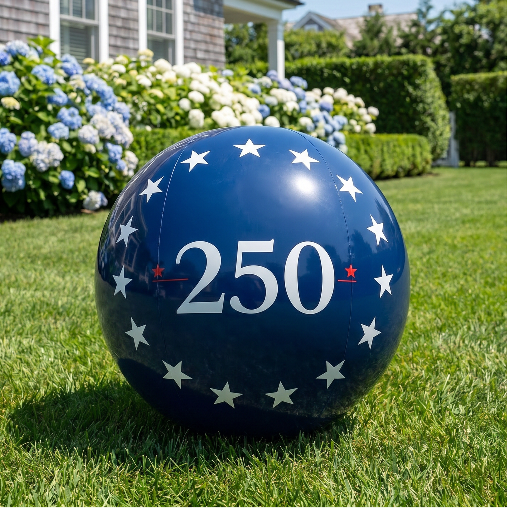 Large blue ball with white stars and number 250 on grass in front of a house