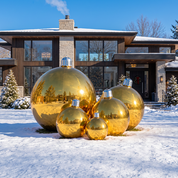 Giant gold chrome inflatable Christmas ornaments in five sizes on the lawn next to a house in snow