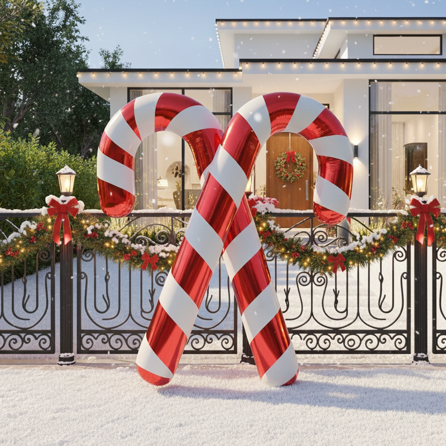 Decorative candy canes in front of a house with Christmas decorations.