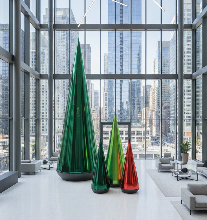 Modern interior with colorful glass sculptures and cityscape view