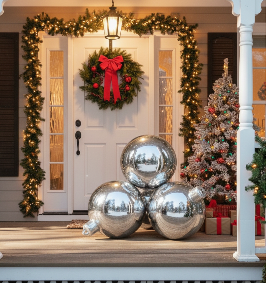 Decorative Christmas scene with large silver ornaments, wreath, and tree on a porch.