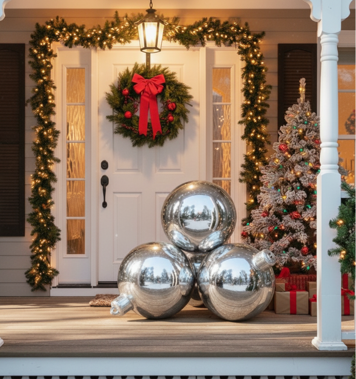 Decorative Christmas scene with large silver ornaments, wreath, and tree on a porch.