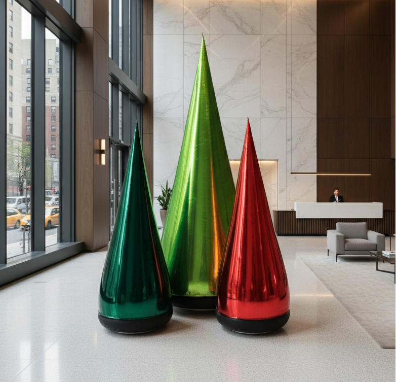 Colorful glass sculptures in a modern building lobby