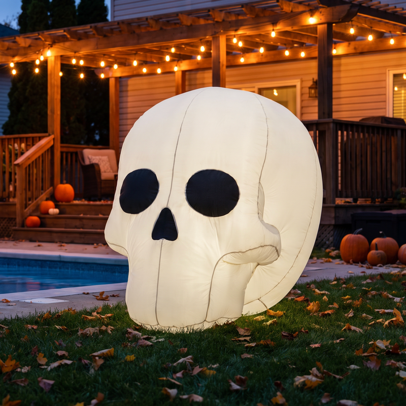 A large inflatable skull yard decoration stands on a grassy lawn next to a swimming pool at dusk, with a backyard patio, string lights, and pumpkins in the background.