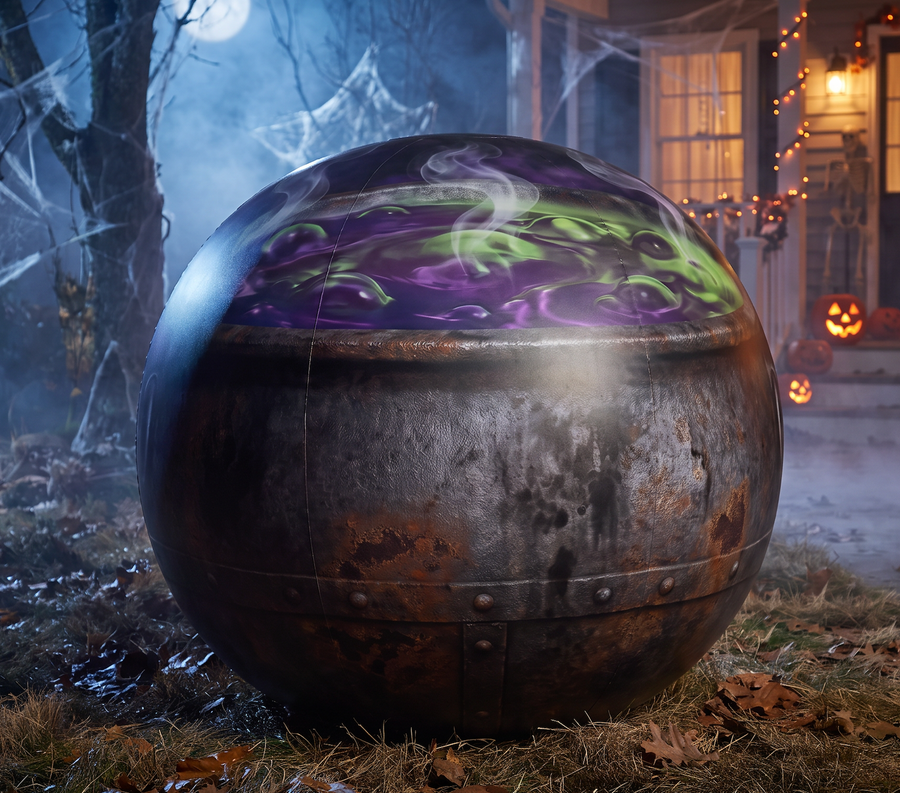 A large spherical cauldron prop with a dark metallic, rusted exterior sits on grass in a Halloween-themed outdoor setting with a haunted house, cobwebs, and jack-o'-lanterns in the background.