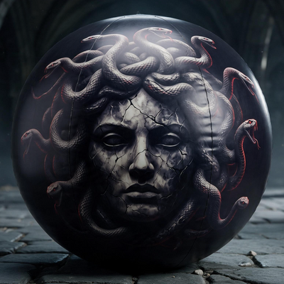 A glossy black spherical object featuring a cracked-face Medusa design with red snake details, photographed against a dark gothic stone background.