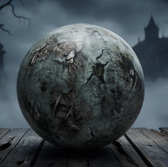 A large, textured stone sphere with cracks and mossy patches sits on a weathered wooden surface, set against a dark, foggy gothic landscape with a castle in the background.
