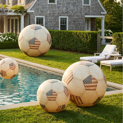Soccer balls with American flags on a poolside lawn vintage retro inspired leather