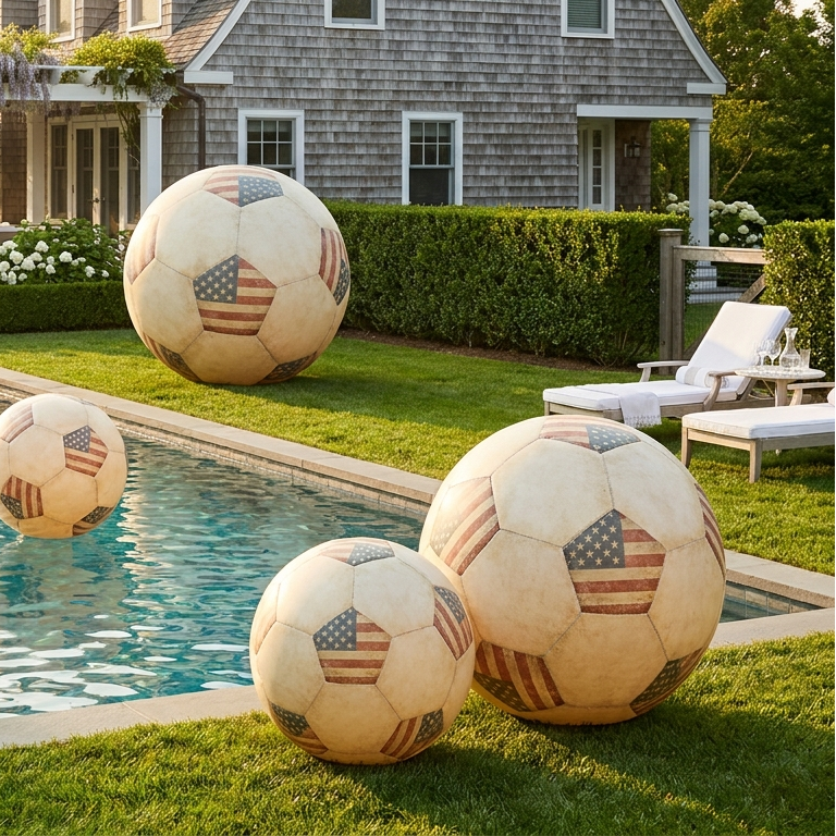 Soccer balls with American flags on a poolside lawn vintage retro inspired leather