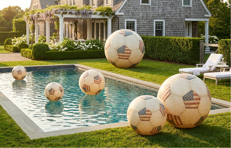 Soccer balls with American flags on a poolside lawn