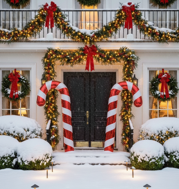 Decorative Christmas scene with candy cane lights, wreaths, and snow on a building exterior.