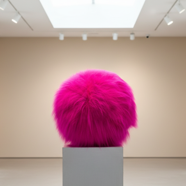 Pink fur sculpture on a pedestal in a gallery setting