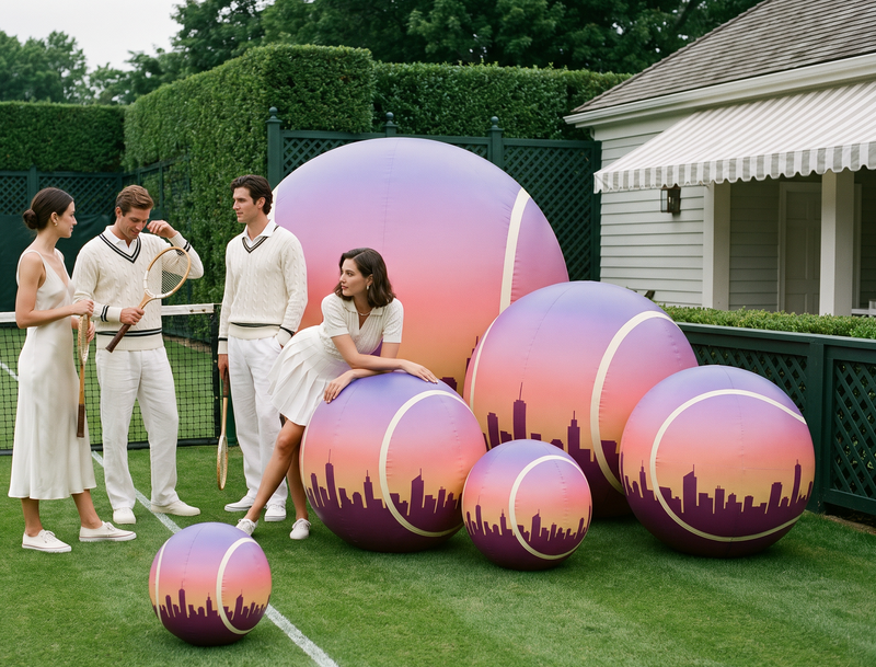 A group of four people in white tennis attire stands on a green tennis court beside several oversized pink and purple tennis balls printed with a dark city skyline. A house, hedges, and fencing are visible in the background.