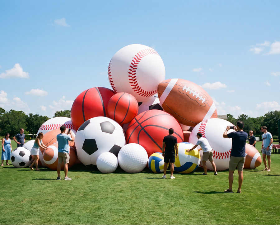 A group of people play with a large outdoor inflatable sculpture made of oversized sports balls, including baseballs, basketballs, a football, soccer balls, and volleyballs, on a green grass lawn under a blue sky.