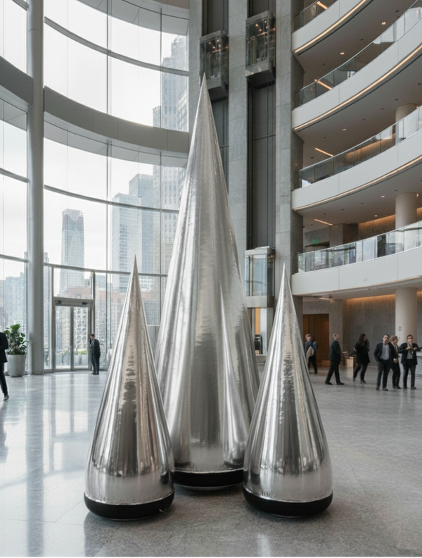Three large metallic sculptures in a modern building atrium with people in the background.