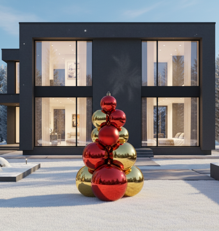 Modern house with a colorful sculpture in front on a snowy landscape