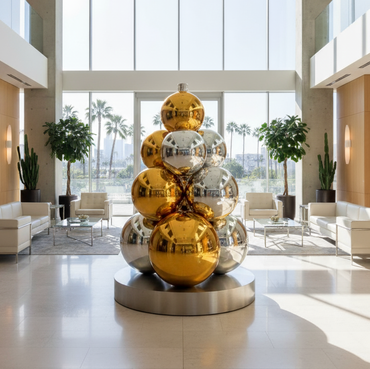 Modern lobby with a large decorative sculpture in the center