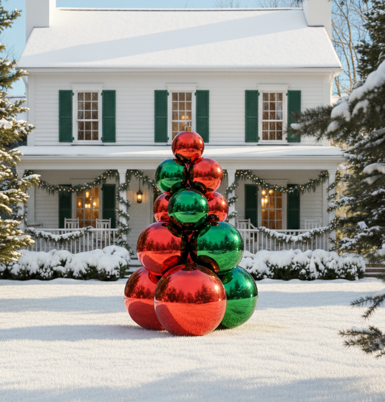 Decorative Christmas tree made of large colorful balls in front of a snow-covered house.