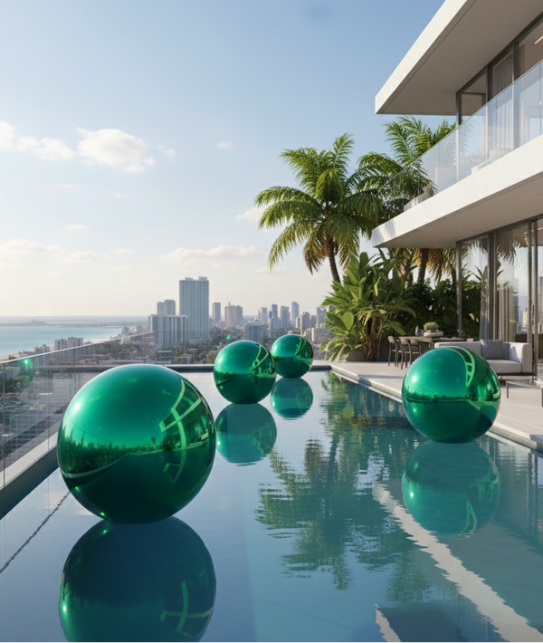 Modern pool with green spherical sculptures and a cityscape view