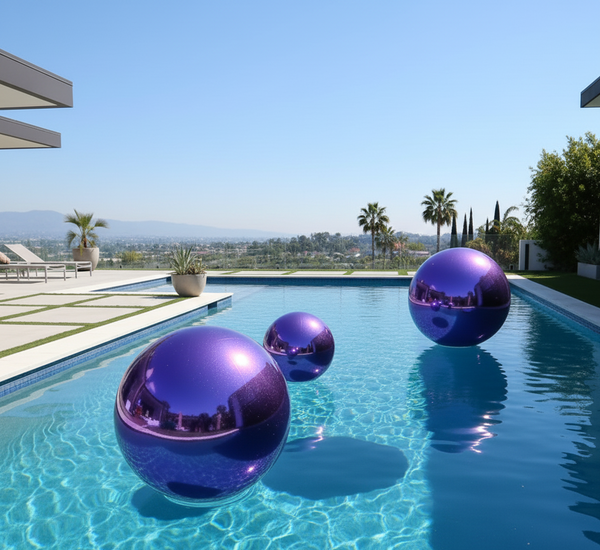 Purple metallic spheres in a swimming pool with a scenic background