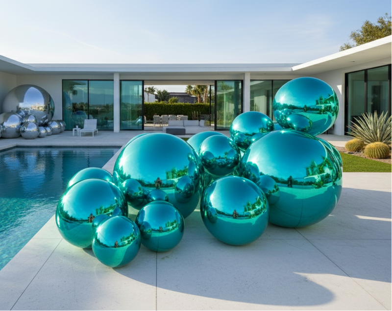 Turquoise reflective spheres near a pool with a modern house in the background